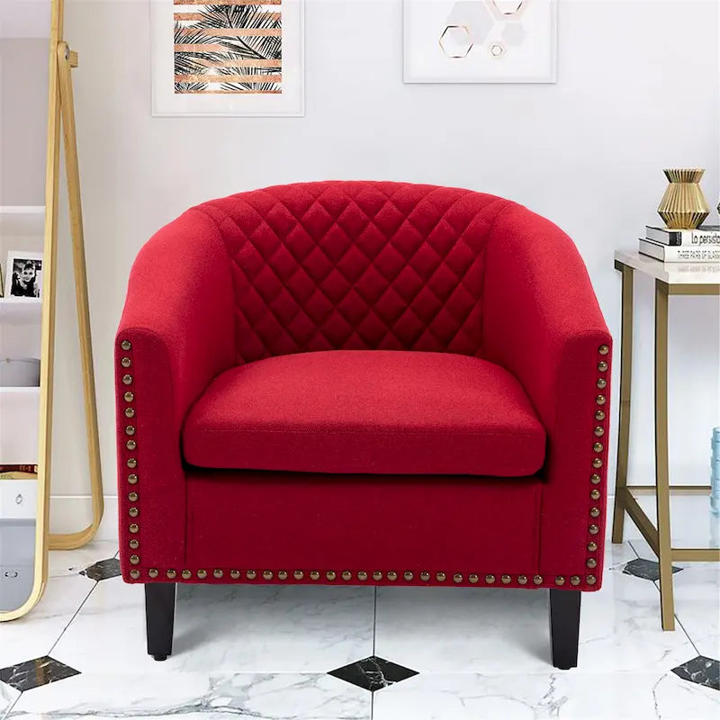 Fauteuil tonneau d'appoint pour salon, orné de clous décoratifs et doté de pieds en bois massif