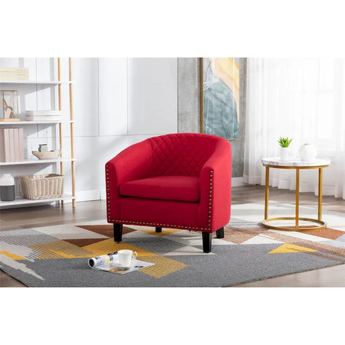 Fauteuil tonneau d'appoint pour salon, orné de clous décoratifs et doté de pieds en bois massif