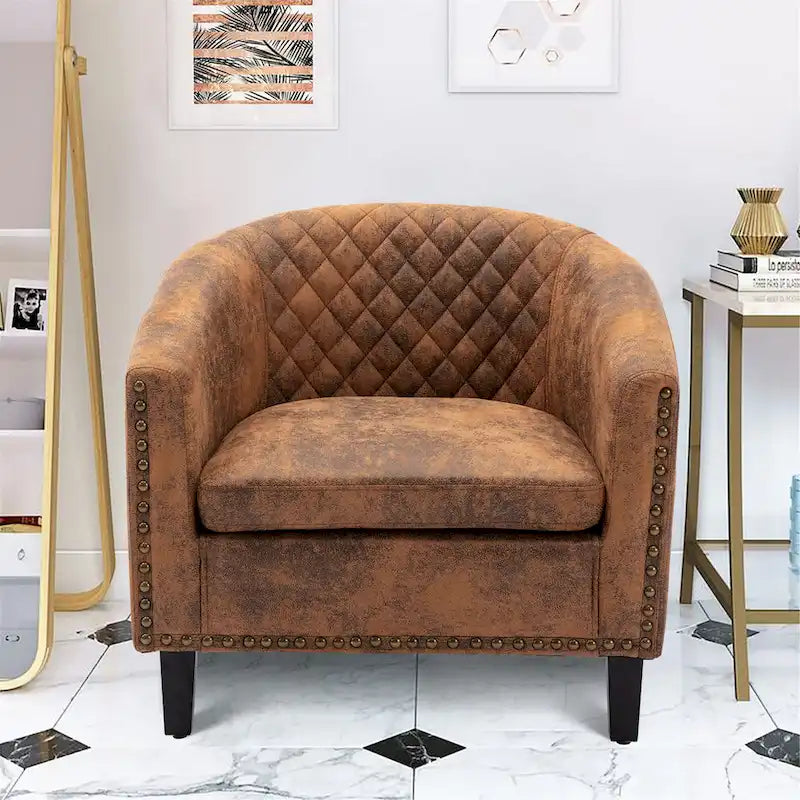 Fauteuil tonneau d'appoint pour salon, orné de clous décoratifs et doté de pieds en bois massif