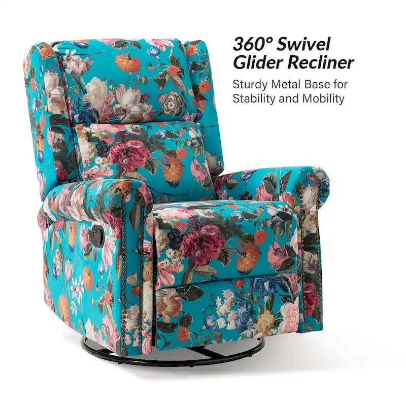 Fauteuil inclinable pivotant manuel à bascule Leopold, imprimé floral transitionnel, avec garnitures cloutées, ensemble de 2 par HULALA HOME