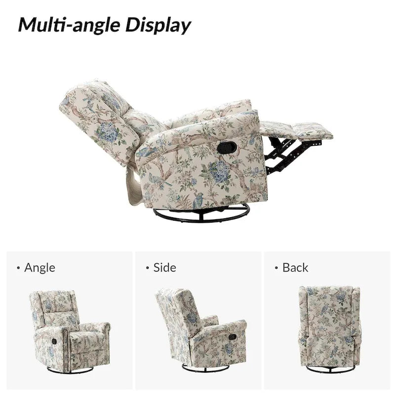 Fauteuil inclinable pivotant manuel à bascule Leopold, imprimé floral transitionnel, avec garnitures cloutées, ensemble de 2 par HULALA HOME