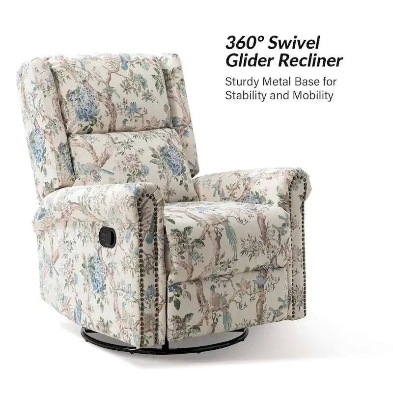 Fauteuil inclinable pivotant manuel à bascule Leopold, imprimé floral transitionnel, avec garnitures cloutées, ensemble de 2 par HULALA HOME