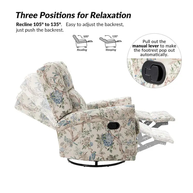 Fauteuil inclinable pivotant manuel à bascule Leopold, imprimé floral transitionnel, avec garnitures cloutées, ensemble de 2 par HULALA HOME