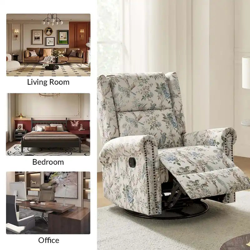 Fauteuil inclinable pivotant manuel à bascule Leopold, imprimé floral transitionnel, avec garnitures cloutées, ensemble de 2 par HULALA HOME