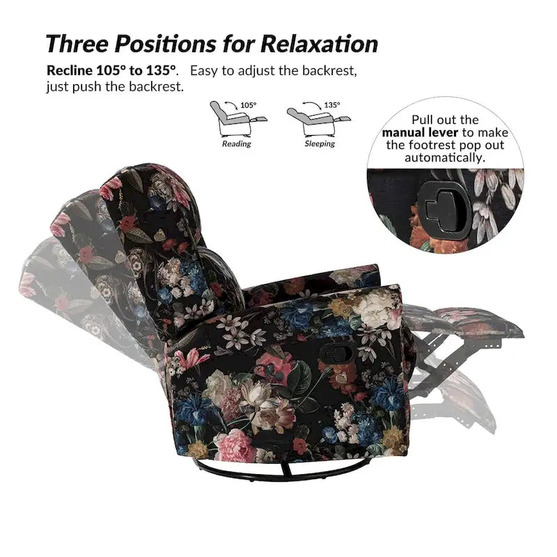 Fauteuil inclinable pivotant manuel à bascule Leopold, imprimé floral transitionnel, avec garnitures cloutées, ensemble de 2 par HULALA HOME