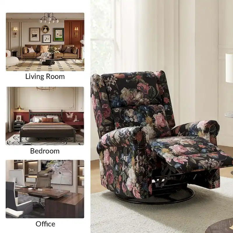 Fauteuil inclinable pivotant manuel à bascule Leopold, imprimé floral transitionnel, avec garnitures cloutées, ensemble de 2 par HULALA HOME