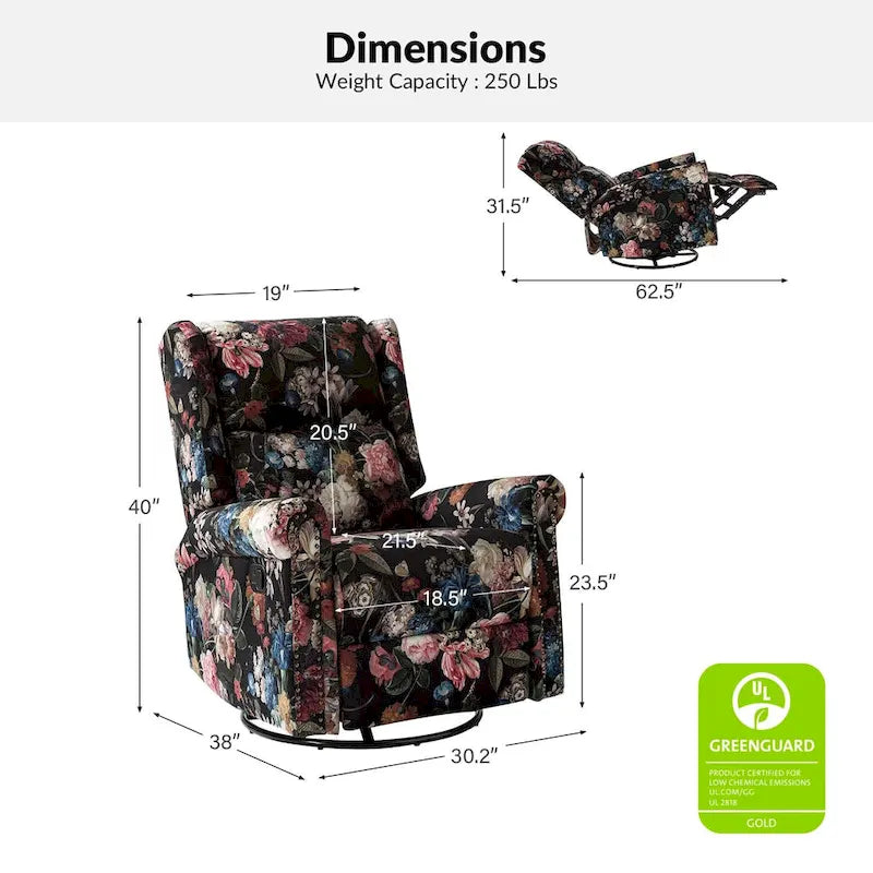 Fauteuil inclinable pivotant manuel à bascule Leopold, imprimé floral transitionnel, avec garnitures cloutées, ensemble de 2 par HULALA HOME