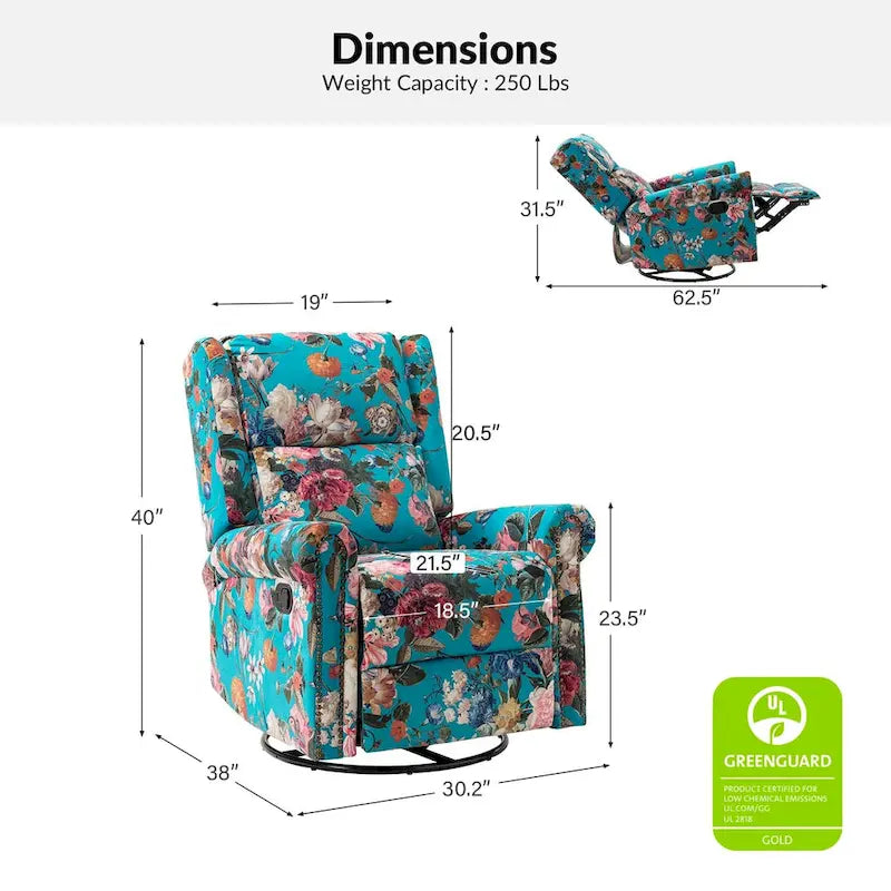 Fauteuil inclinable pivotant manuel à bascule Leopold, imprimé floral transitionnel, avec garnitures cloutées, ensemble de 2 par HULALA HOME