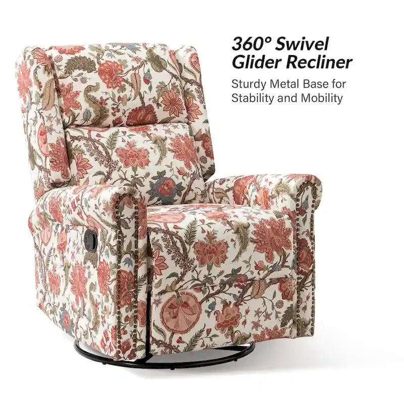 Fauteuil inclinable pivotant manuel à bascule Leopold, imprimé floral transitionnel, avec garnitures cloutées, ensemble de 2 par HULALA HOME