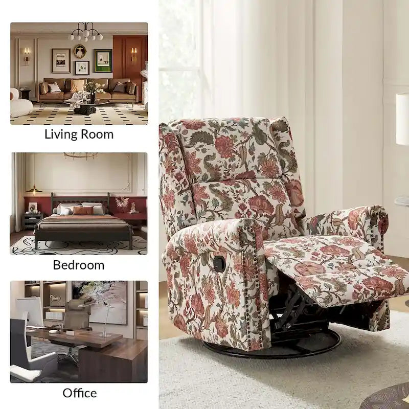Fauteuil inclinable pivotant manuel à bascule Leopold, imprimé floral transitionnel, avec garnitures cloutées, ensemble de 2 par HULALA HOME