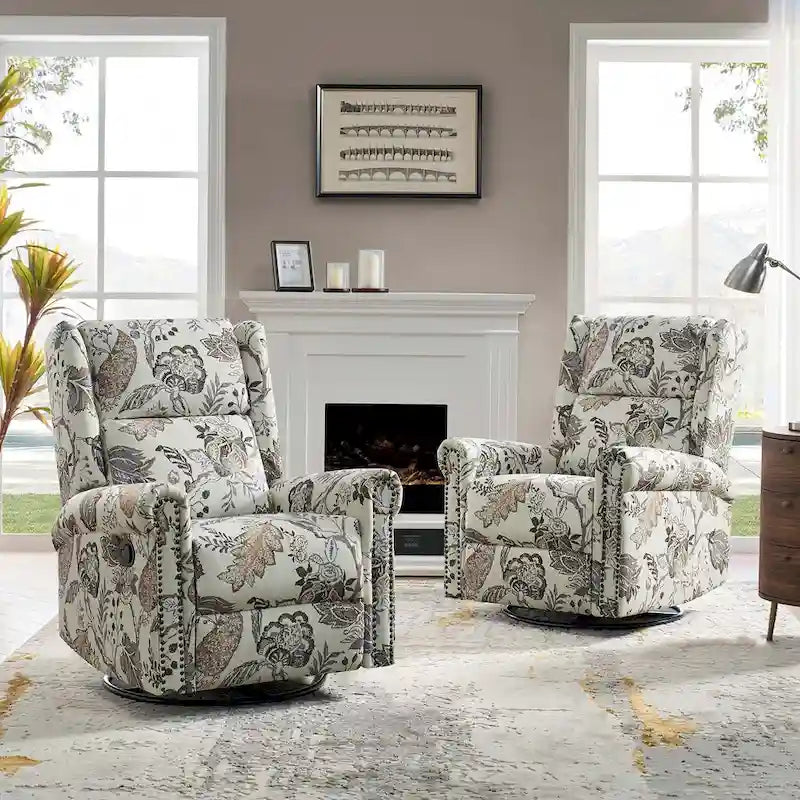 Fauteuil inclinable pivotant manuel à bascule Leopold, imprimé floral transitionnel, avec garnitures cloutées, ensemble de 2 par HULALA HOME