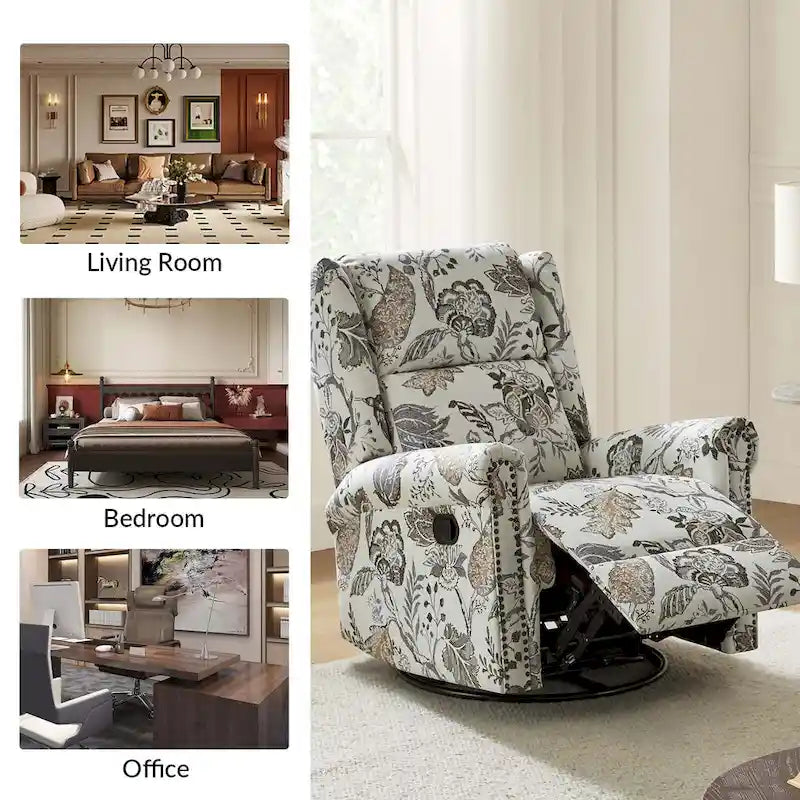 Fauteuil inclinable pivotant manuel à bascule Leopold, imprimé floral transitionnel, avec garnitures cloutées, ensemble de 2 par HULALA HOME