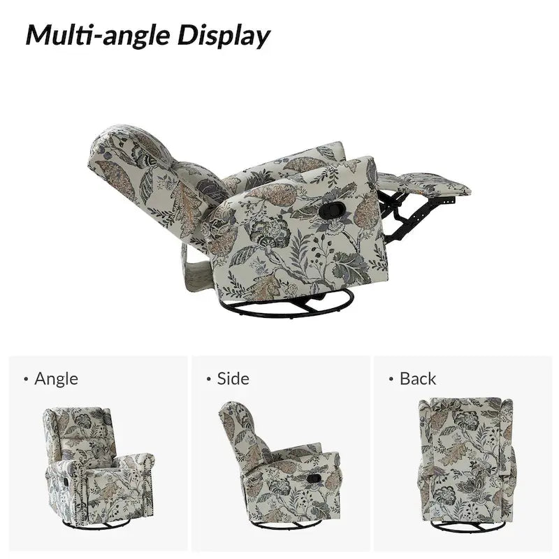 Fauteuil inclinable pivotant manuel à bascule Leopold, imprimé floral transitionnel, avec garnitures cloutées, ensemble de 2 par HULALA HOME