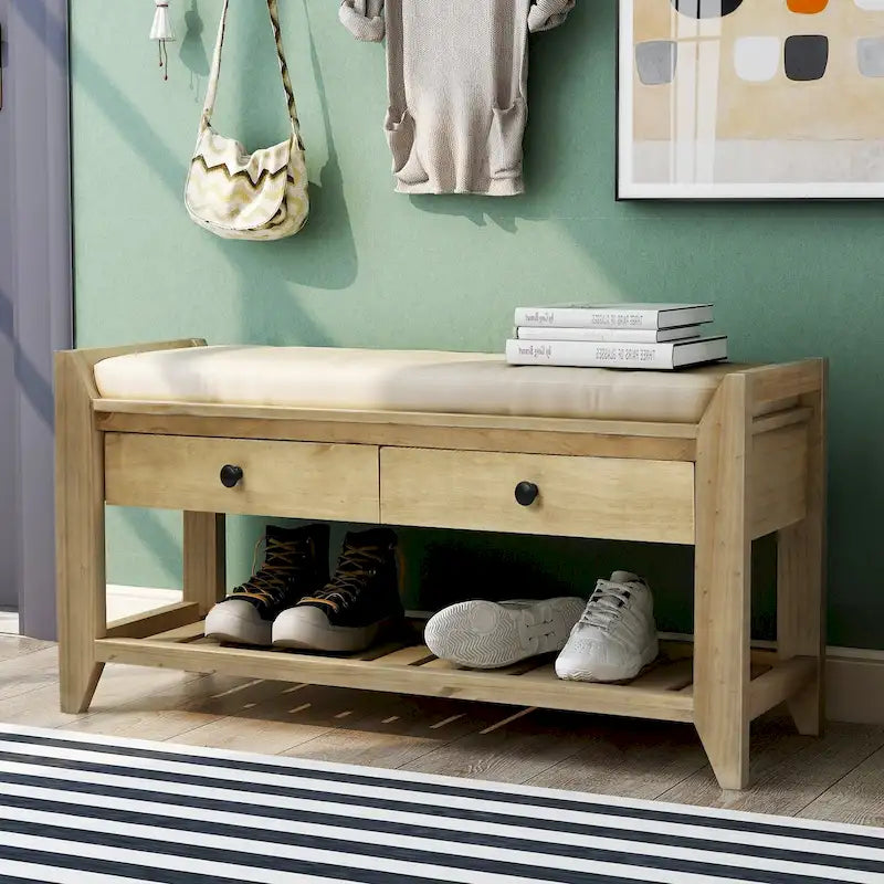 Étagère à chaussures contemporaine rembourrée avec 2 tiroirs et une étagère ouverte