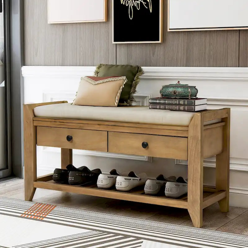 Étagère à chaussures contemporaine rembourrée avec 2 tiroirs et une étagère ouverte