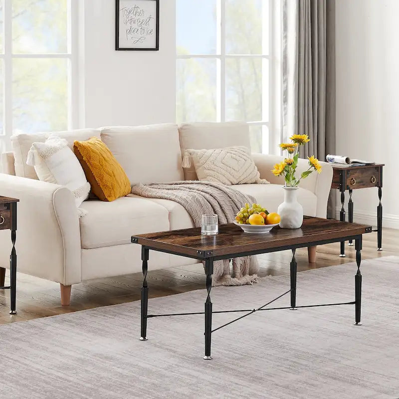 Ensemble de 3 tables basses comprenant une table basse et deux tables d'appoint, design en forme de X, marron rustique