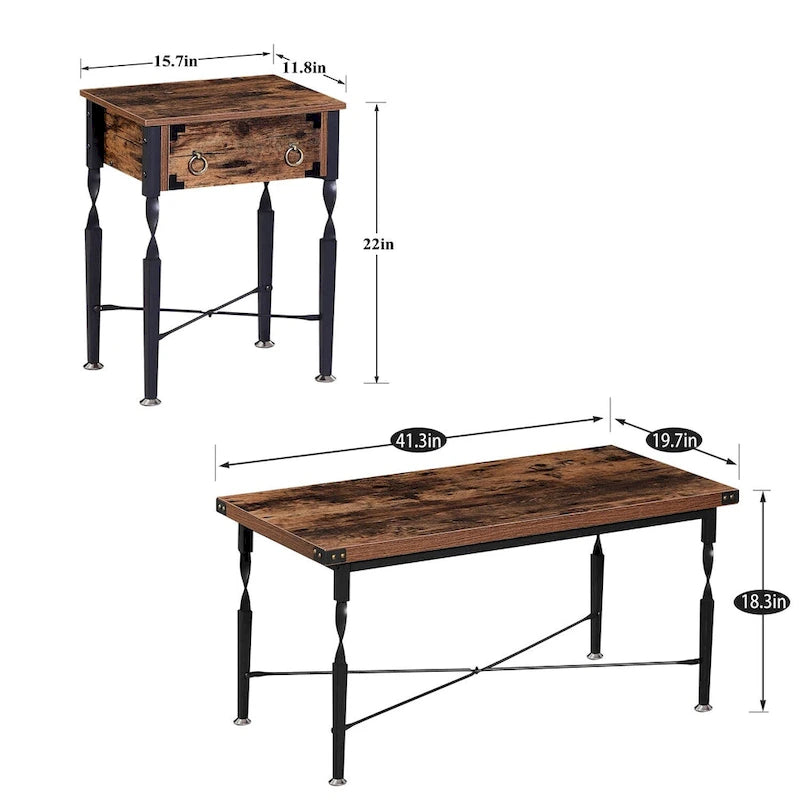 Ensemble de 3 tables basses comprenant une table basse et deux tables d'appoint, design en forme de X, marron rustique