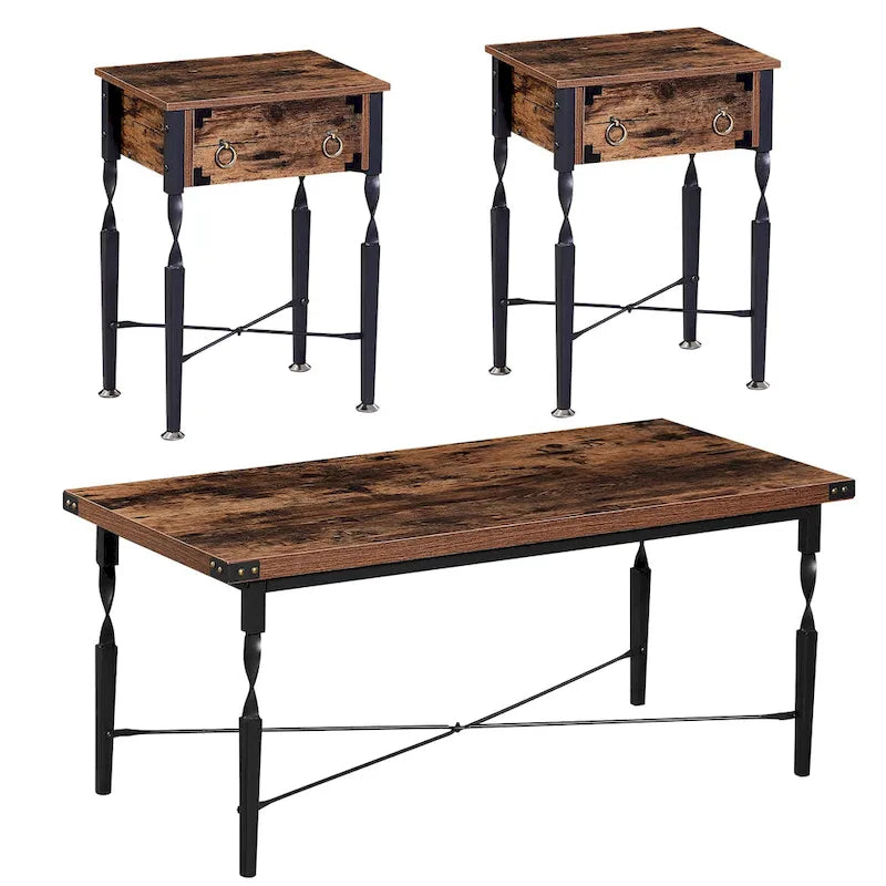 Ensemble de 3 tables basses comprenant une table basse et deux tables d'appoint, design en forme de X, marron rustique