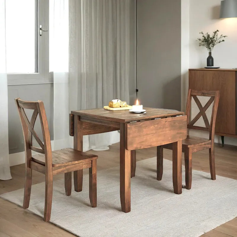 Ensemble table et chaises de coin repas en bois à abattants 3 pièces avec 2 chaises à dossier en X pour petits espaces