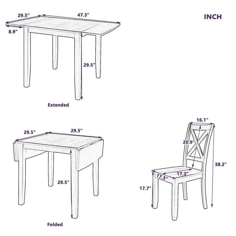 Ensemble table et chaises de coin repas en bois à abattants 3 pièces avec 2 chaises à dossier en X pour petits espaces