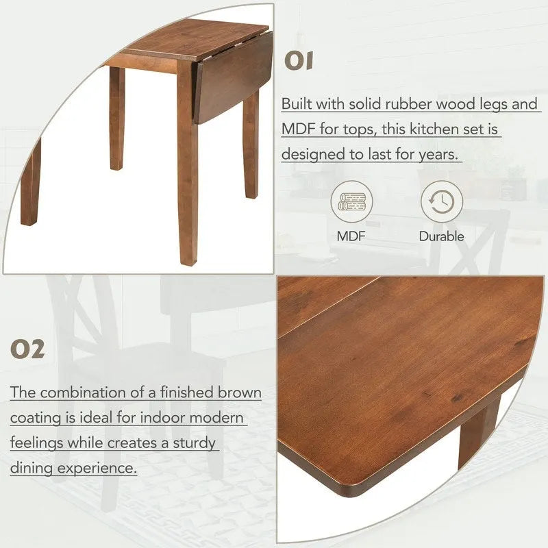 Ensemble table et chaises de coin repas en bois à abattants 3 pièces avec 2 chaises à dossier en X pour petits espaces