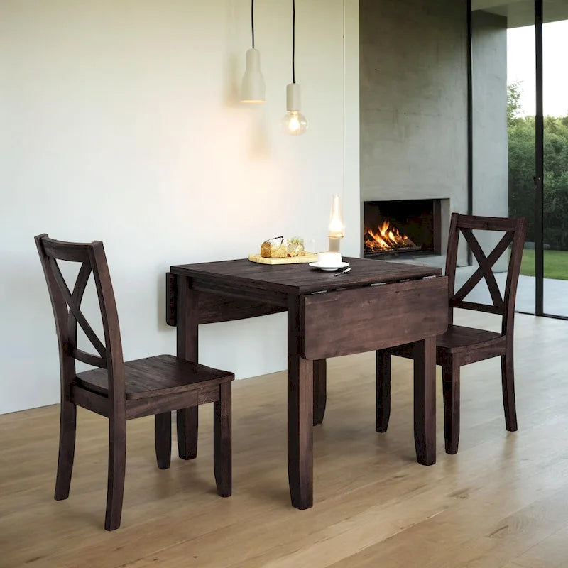 Ensemble table et chaises de coin repas en bois à abattants 3 pièces avec 2 chaises à dossier en X pour petits espaces