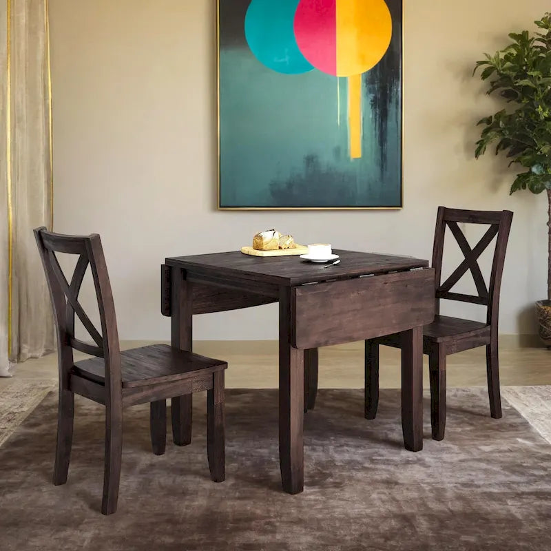 Ensemble table et chaises de coin repas en bois à abattants 3 pièces avec 2 chaises à dossier en X pour petits espaces