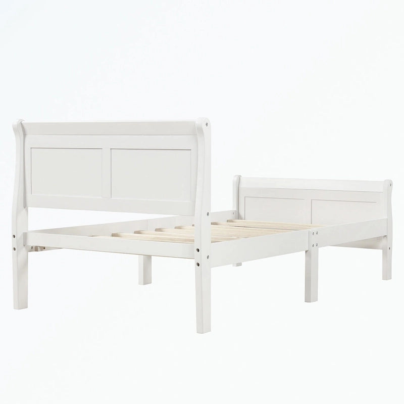 Lit plateforme en bois avec tête de lit, pied de lit et sommier à lattes.