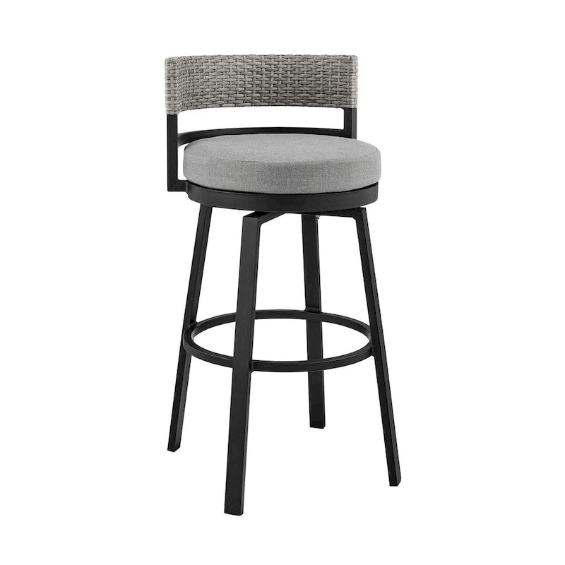 Tabouret de bar pivotant moderne Ella 30 pouces pour terrasse extérieure, aluminium, gris, noir