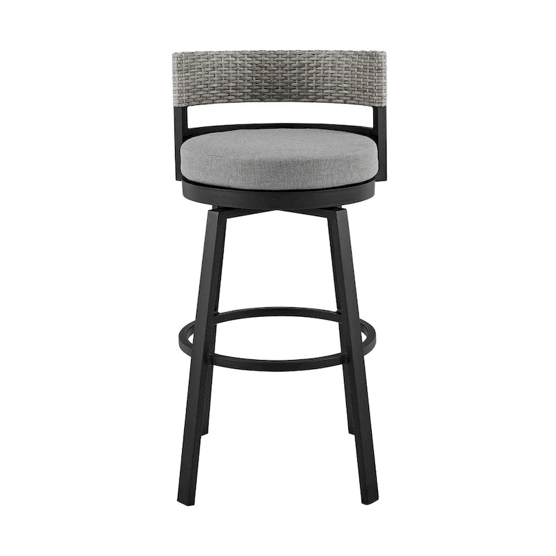 Tabouret de bar pivotant moderne Ella 30 pouces pour terrasse extérieure, aluminium, gris, noir