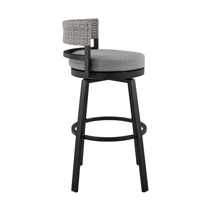 Tabouret de bar pivotant moderne Ella 30 pouces pour terrasse extérieure, aluminium, gris, noir