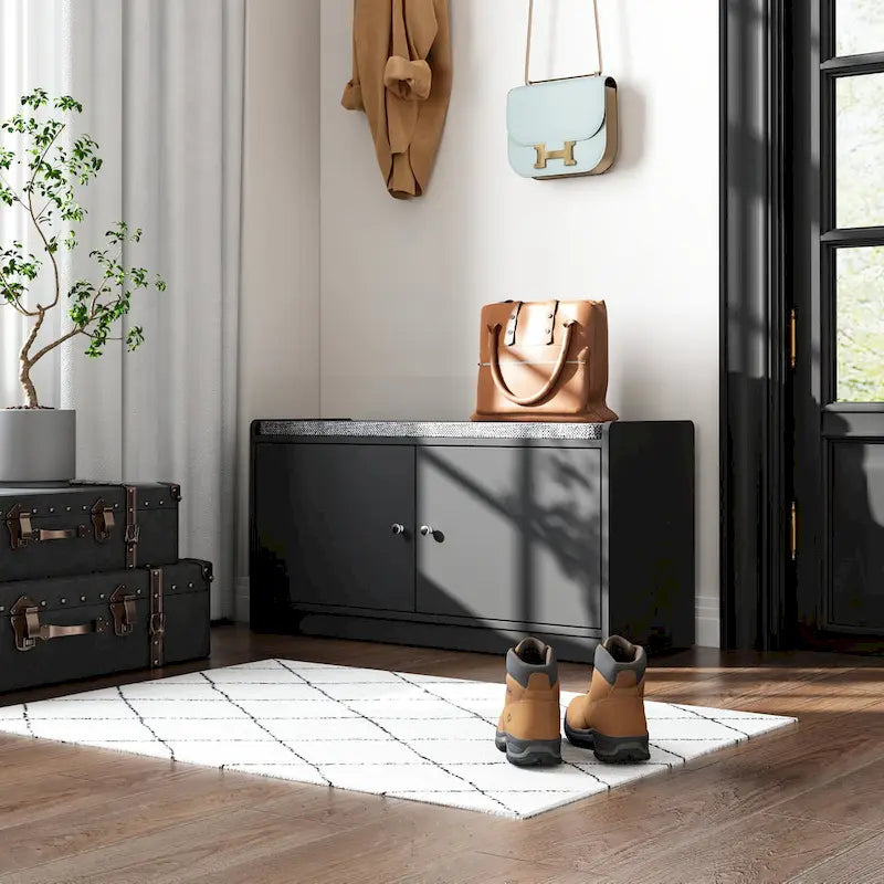 Banc de rangement blanc de 35,8 cm de large avec tiroirs et coussin d'assise rembourré