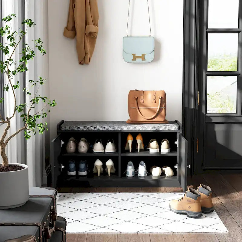 Banc de rangement blanc de 35,8 cm de large avec tiroirs et coussin d'assise rembourré