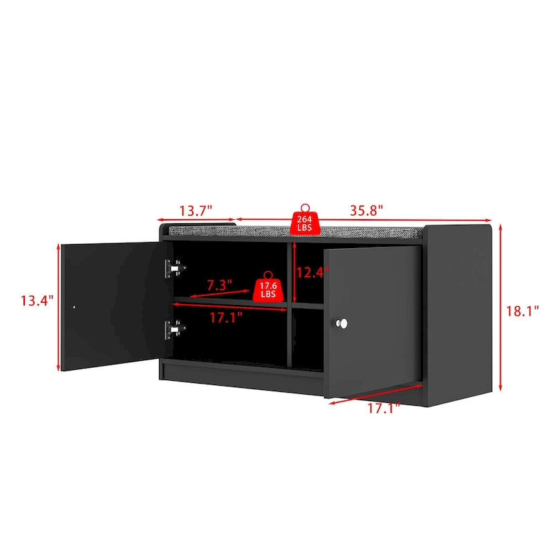 Banc de rangement blanc de 35,8 cm de large avec tiroirs et coussin d'assise rembourré