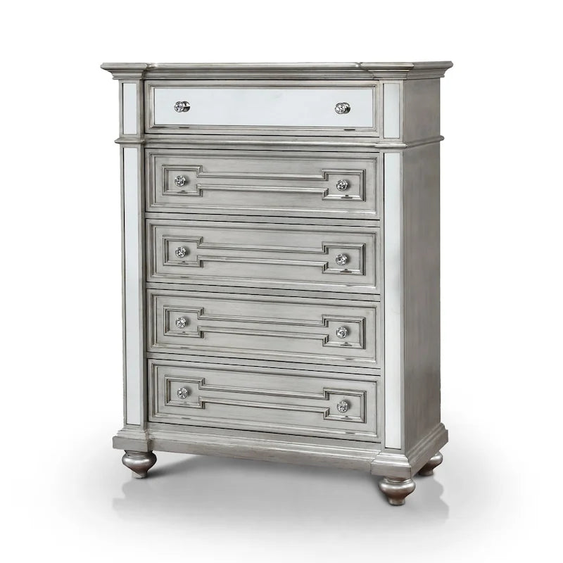 Commode à 5 tiroirs en bois massif couleur champagne Eaen Glam de Furniture of America