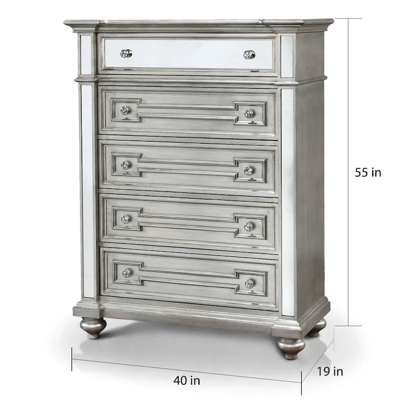 Commode à 5 tiroirs en bois massif couleur champagne Eaen Glam de Furniture of America