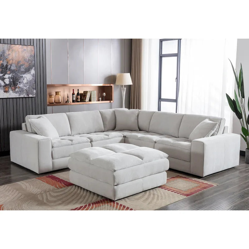 Roundhill Furniture Breton Contemporary Fabric Tufted Modular Sectional Sofa with Ottoman, Oyster