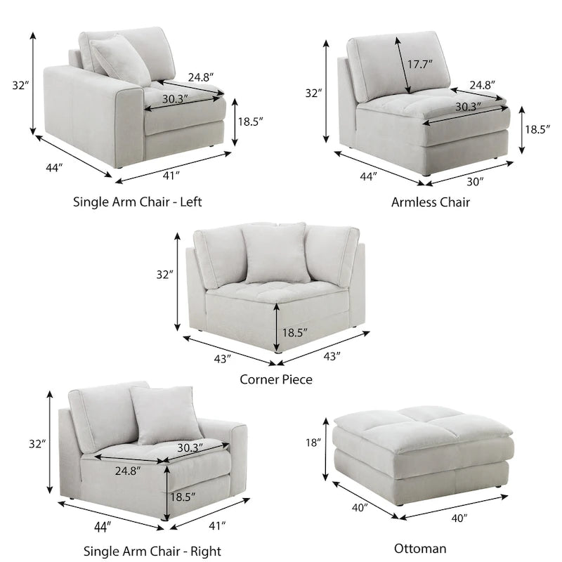 Canapé d'angle modulaire contemporain en tissu capitonné Breton de Roundhill Furniture avec pouf, couleur huître