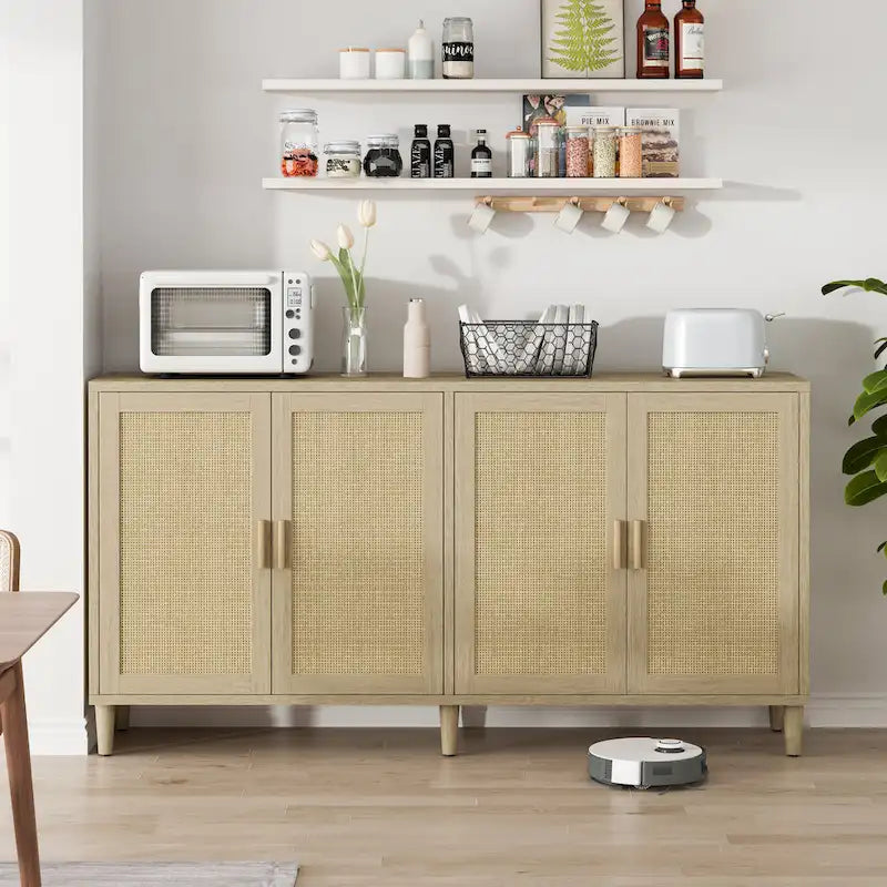Armoire de rangement décorative fonctionnelle en rotin à 4 portes