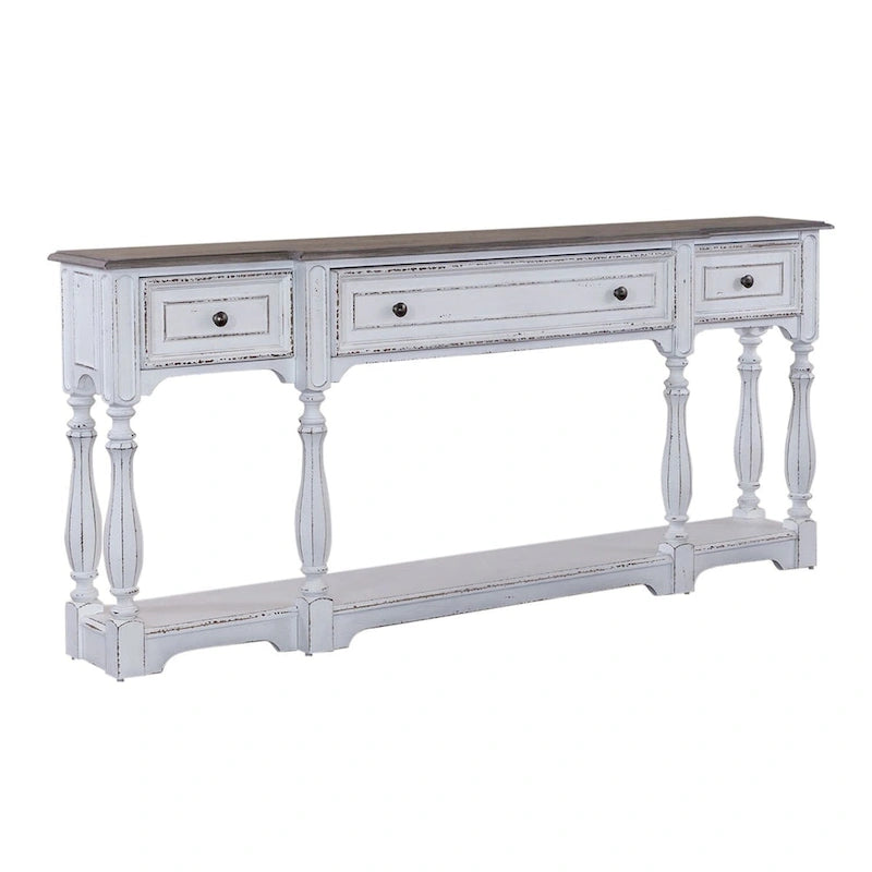 Table console d'entrée Magnolia Manor blanc antique et écorce vieillie de 183 cm