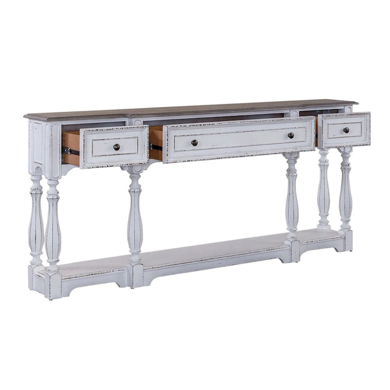 Table console d'entrée Magnolia Manor blanc antique et écorce vieillie de 183 cm