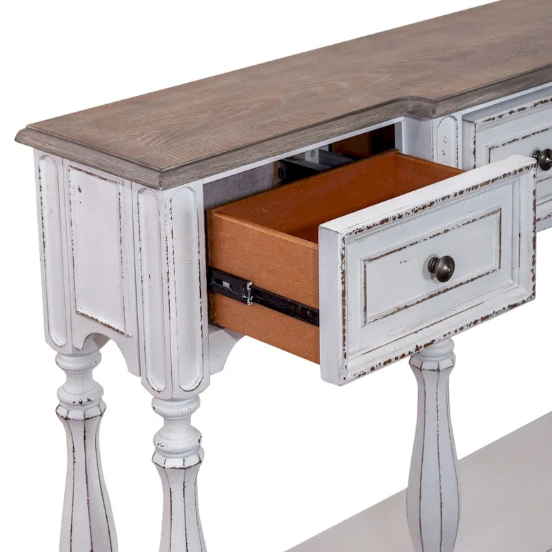 Table console d'entrée Magnolia Manor blanc antique et écorce vieillie de 183 cm