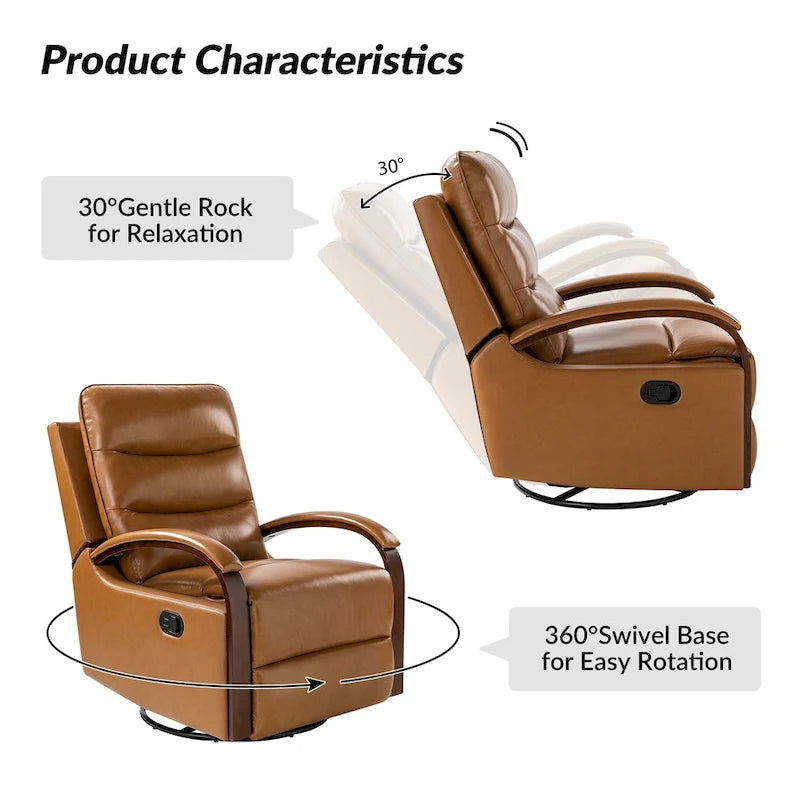 Fauteuil inclinable manuel pivotant en cuir véritable Leopold avec accoudoirs en bois, par HULALA HOME
