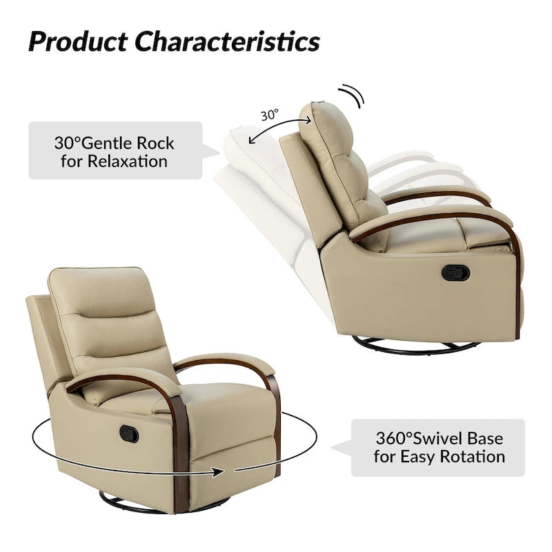 Fauteuil inclinable manuel pivotant en cuir véritable Leopold avec accoudoirs en bois, par HULALA HOME