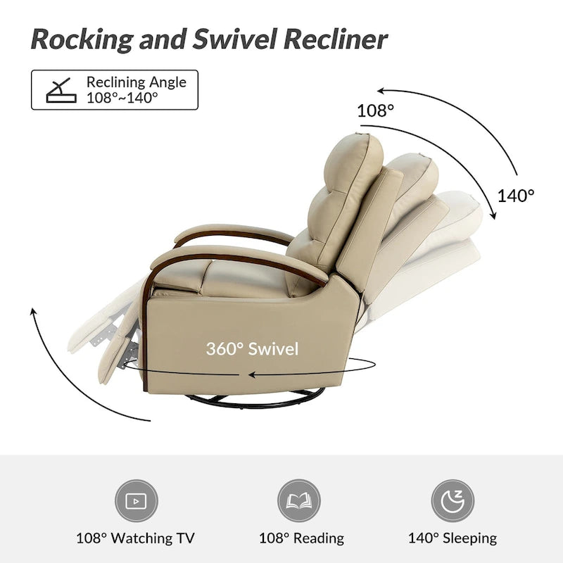 Fauteuil inclinable manuel pivotant en cuir véritable Leopold avec accoudoirs en bois, par HULALA HOME