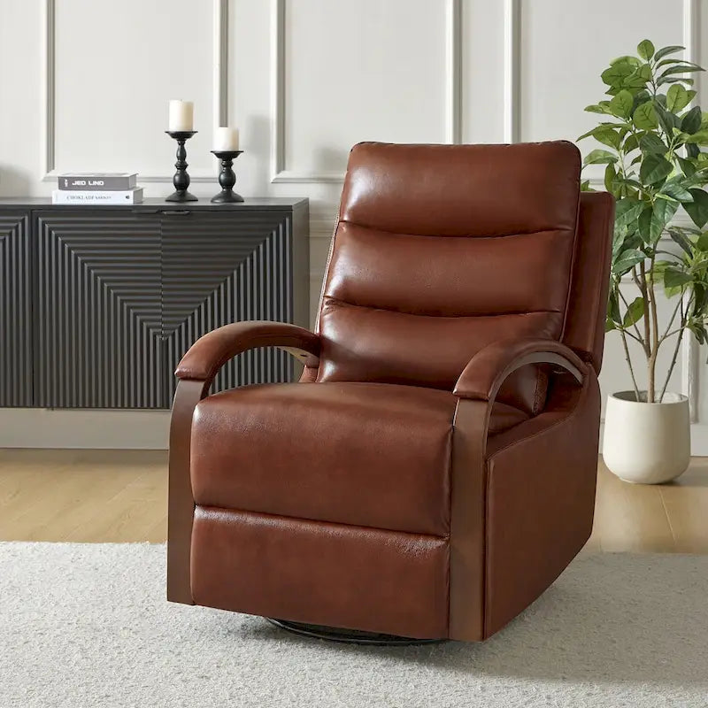 Fauteuil inclinable manuel pivotant en cuir véritable Leopold avec accoudoirs en bois, par HULALA HOME