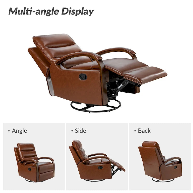 Fauteuil inclinable manuel pivotant en cuir véritable Leopold avec accoudoirs en bois, par HULALA HOME