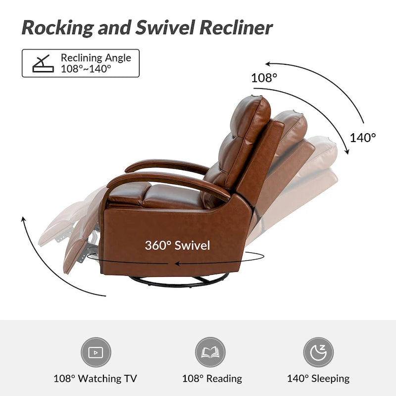 Fauteuil inclinable manuel pivotant en cuir véritable Leopold avec accoudoirs en bois, par HULALA HOME