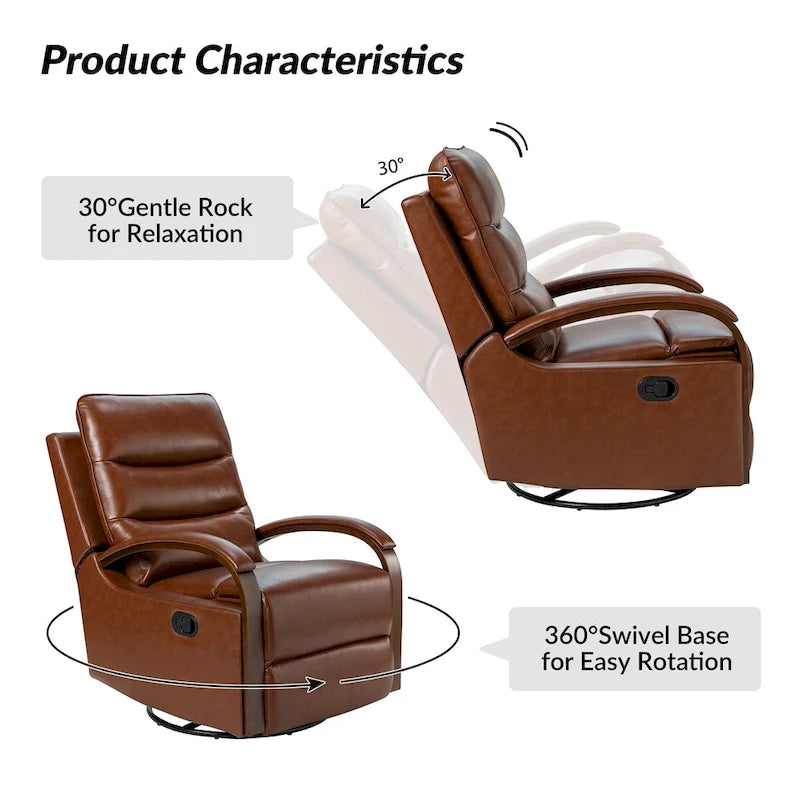 Fauteuil inclinable manuel pivotant en cuir véritable Leopold avec accoudoirs en bois, par HULALA HOME