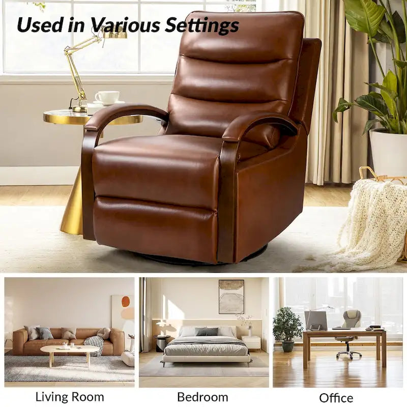 Fauteuil inclinable manuel pivotant en cuir véritable Leopold avec accoudoirs en bois, par HULALA HOME